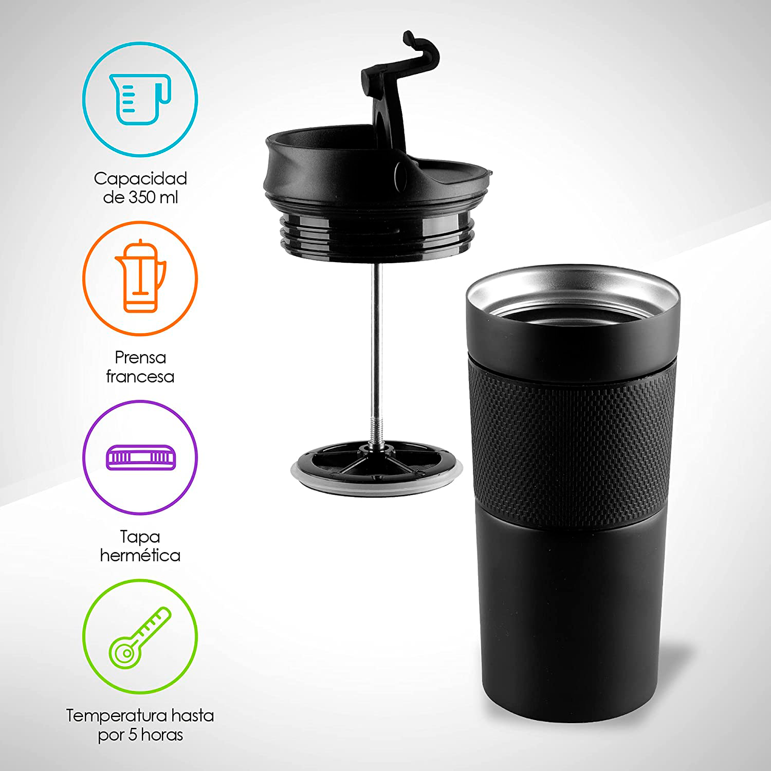 "Taza de Viaje con Prensa Francesa": Esta búsqueda es directa y específica para quienes buscan una taza de viaje que incluye una prensa francesa para preparar café fresco en movimiento.