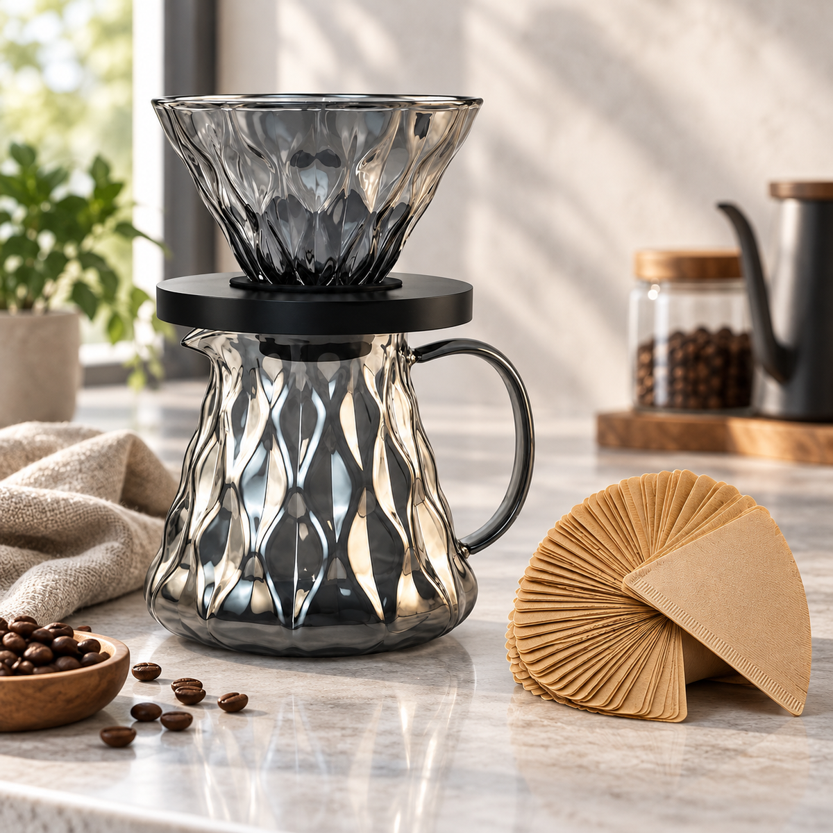 Kit Cafe V60 Diamante Server de Vidrio y Filtros