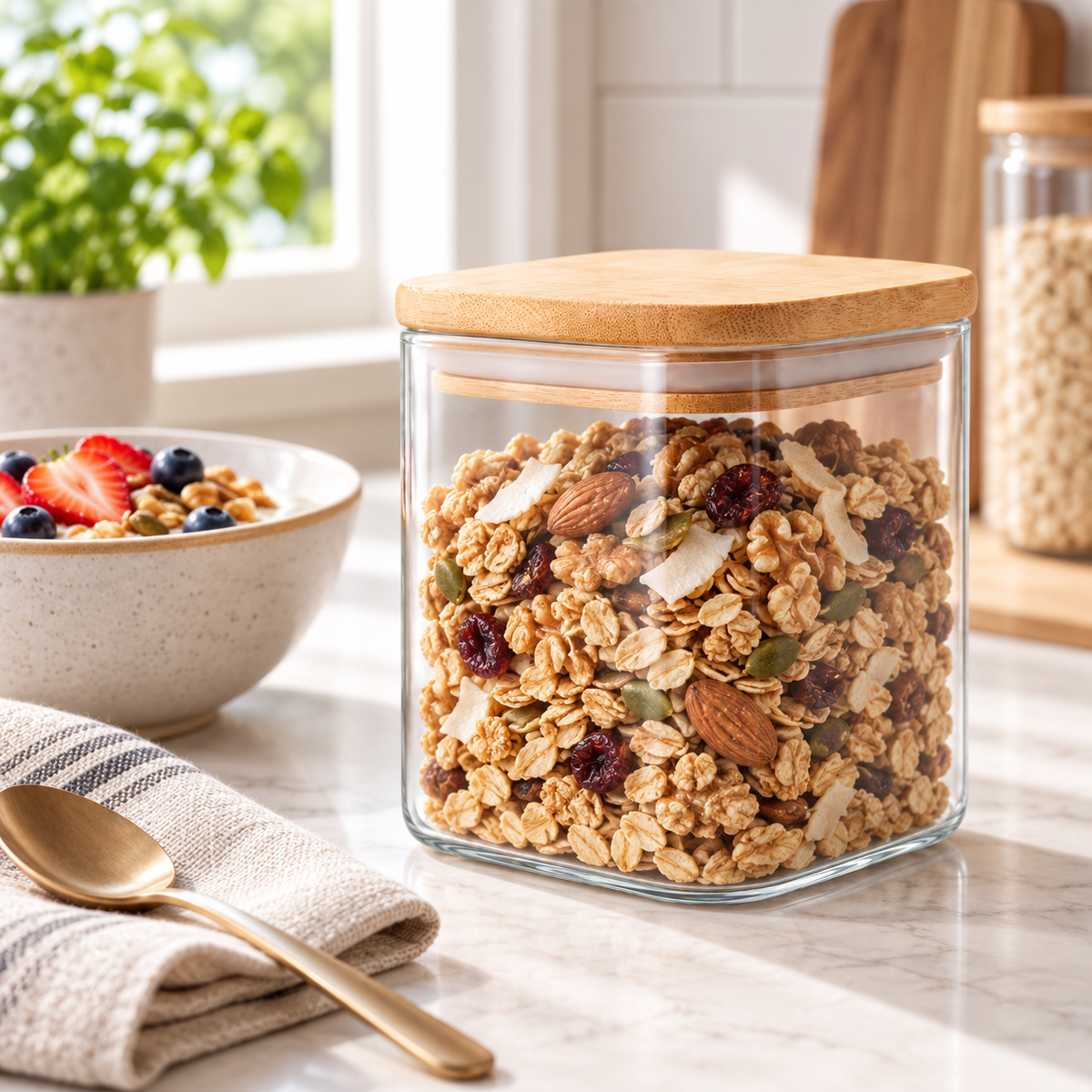 Recipiente para Cafe y Alimentos en Vidrio con Tapa de Bambu 450 ml