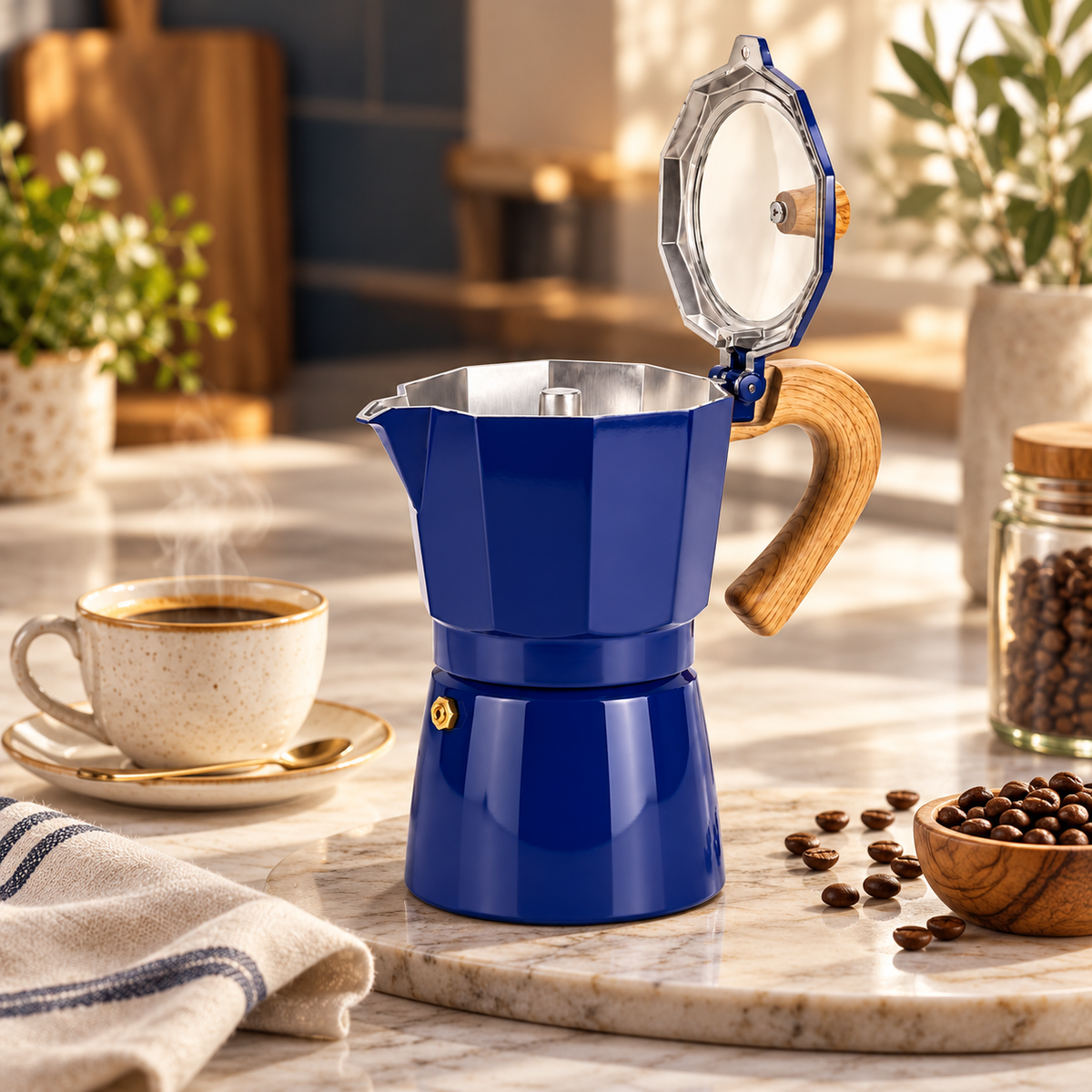 Cafetera Moka Tapa Transparente Azul 9 Tazas
