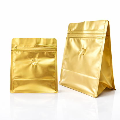 Bolsa Dorada 250g para Cafe con Valvula y Cierre Tri Laminada