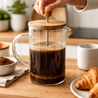 Cafetera Prensa Francesa Transparente 1 Litro Tapa Bambú Filtro Acero Inoxidable