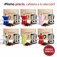 Kit Cafetera Espresso Casero Moka Italiana Aluminio 6 tazas con Molino Electrico Cuchillas Acero Inoxidable