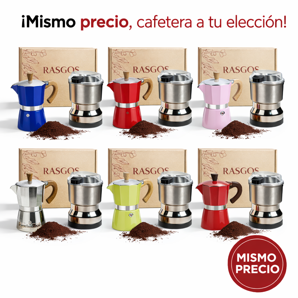 Kit Cafetera Espresso Casero Moka Italiana Aluminio 6 tazas con Molino Electrico Cuchillas Acero Inoxidable