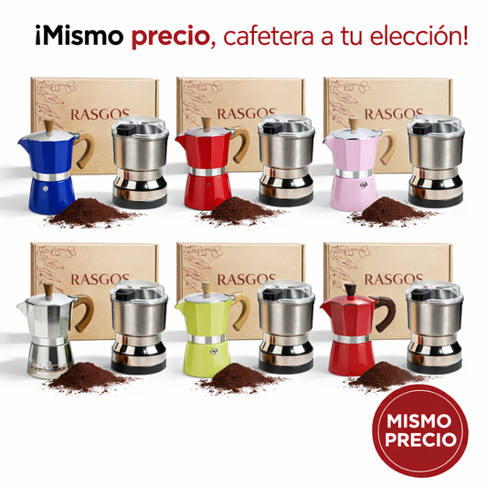 Kit Cafetera Espresso Casero Moka Italiana Aluminio 6 tazas con Molino Electrico Cuchillas Acero Inoxidable