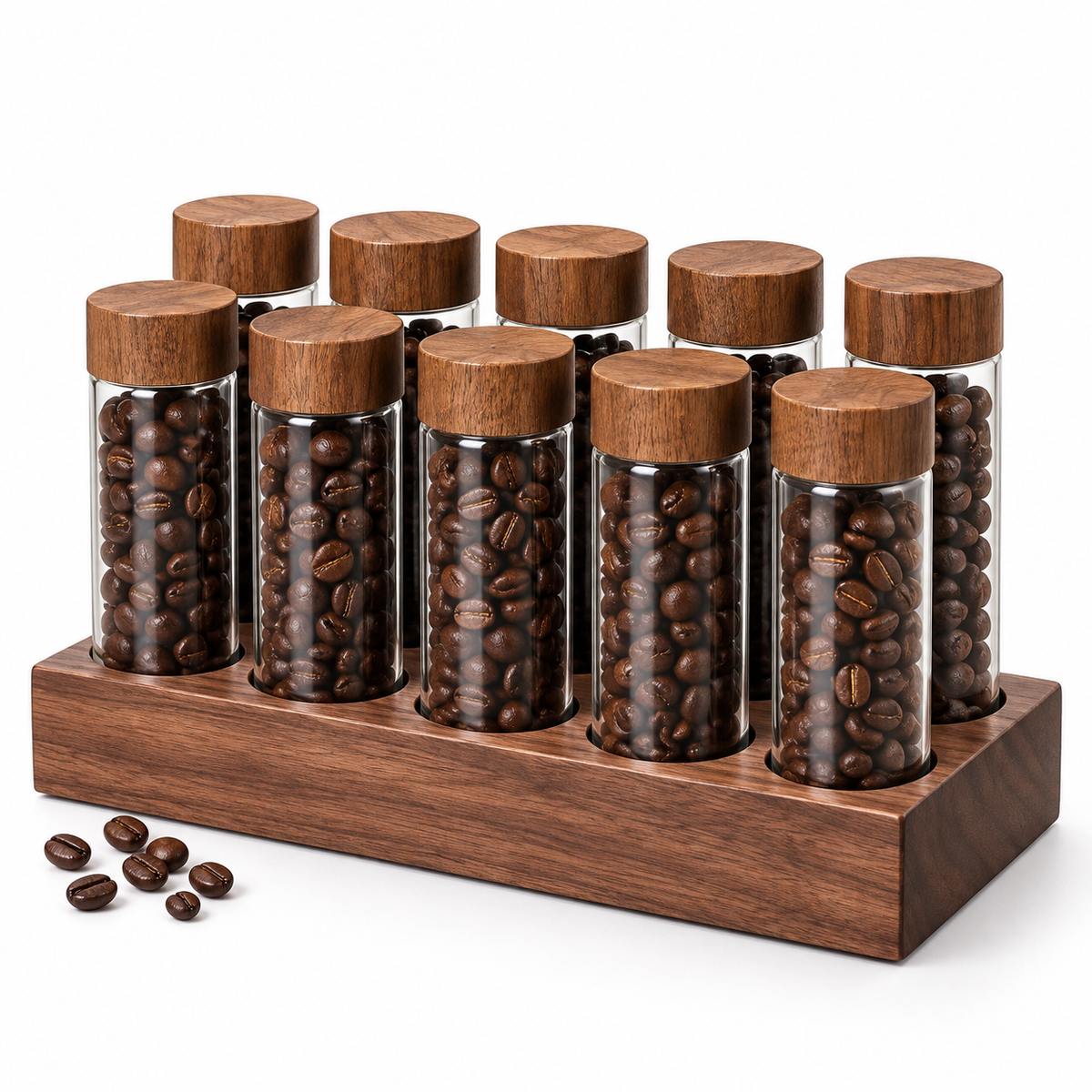 Set Dosificador de Cafe con 12 Tubos de Vidrio y Base de Madera