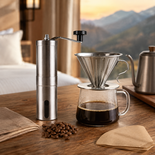Kit Cafe Viajero Cafetera Dripper V60 con Molino Manual de Acero