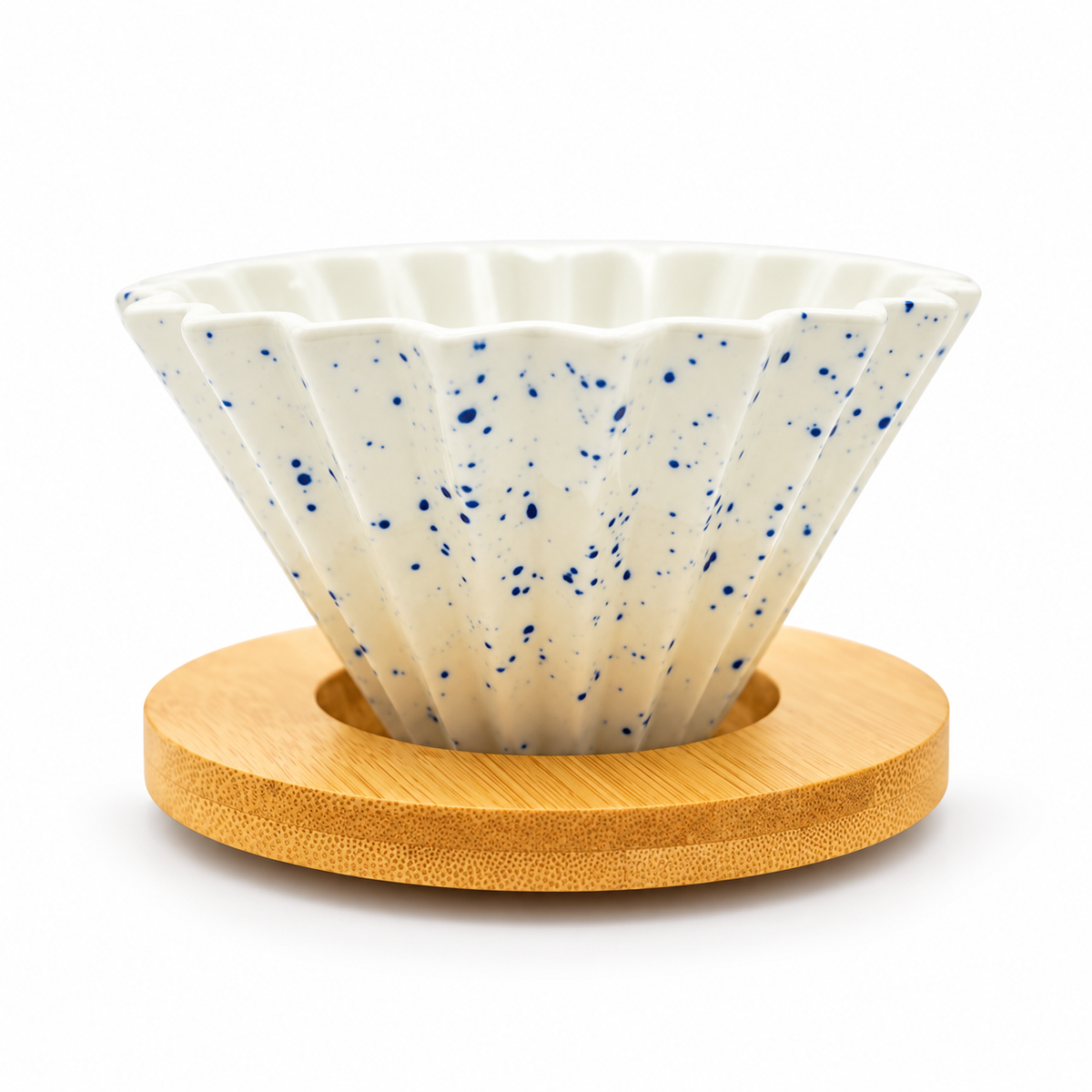 Metodo V60 Tipo Origami Ceramica Tamaño 01 Blanco Pintas Azules con Base de Madera