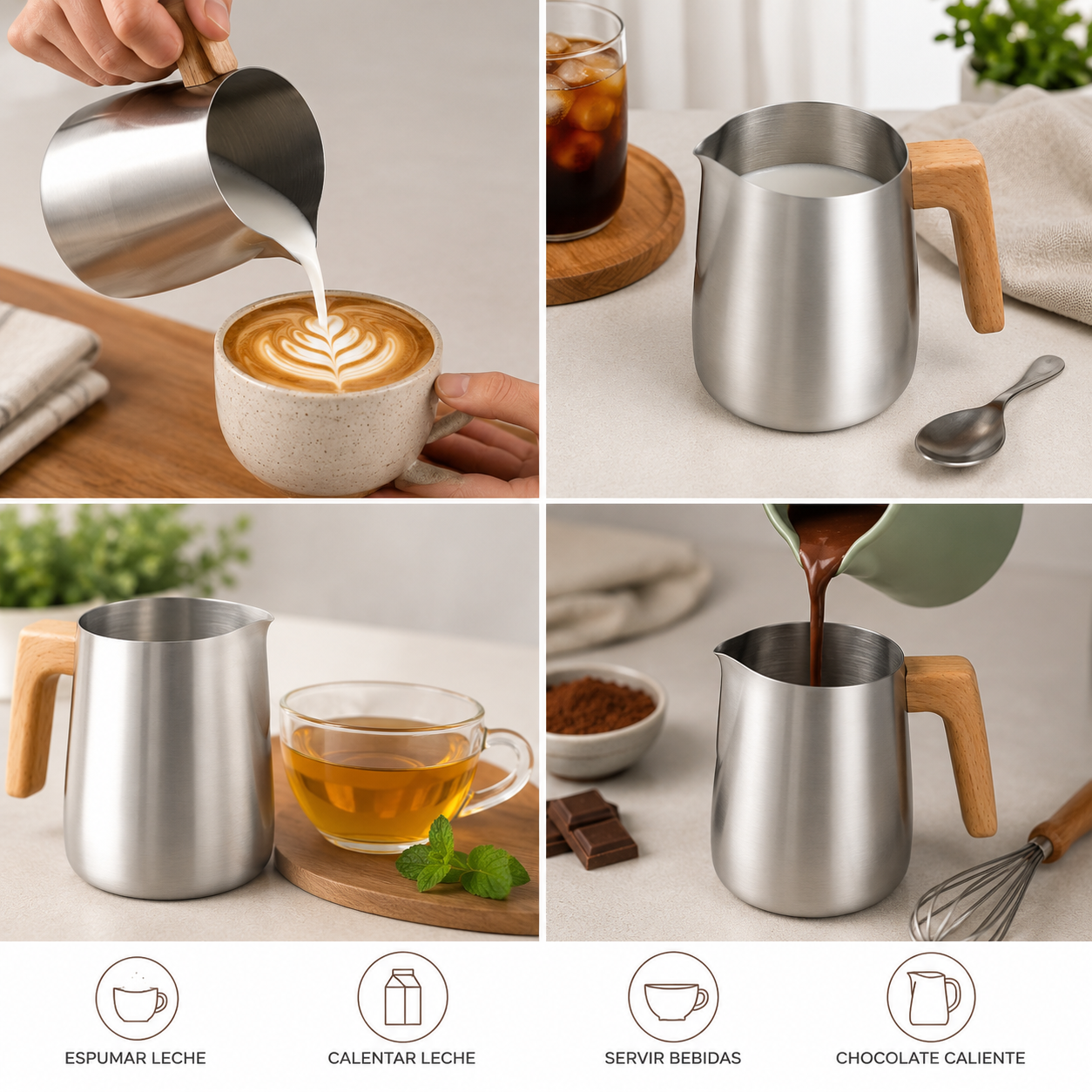 Jarra Espumadora de Leche 350 ml en Acero Inoxidable con Mango Tipo Madera