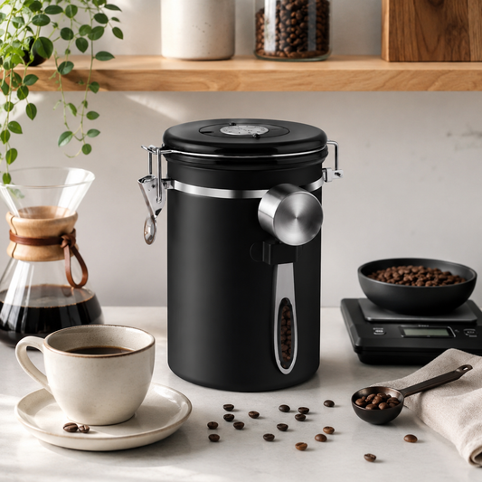 Recipiente de Cafe Hermetico Negro con Cuchara Medidora 700 g