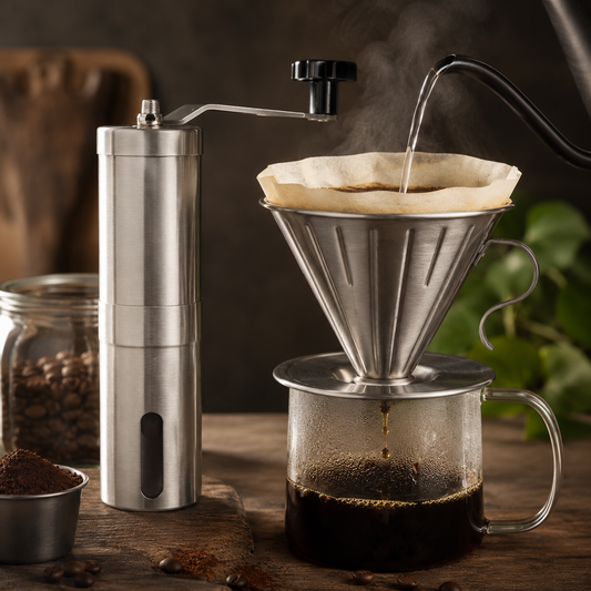 Kit Cafe Viajero Cafetera Dripper V60 con Molino Manual de Acero