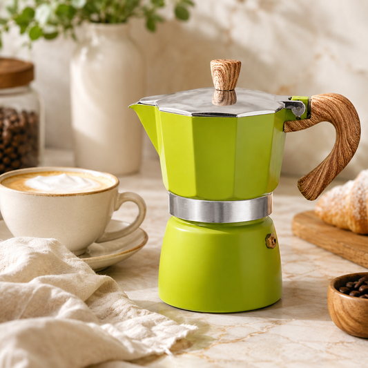 Cafetera Moka Italiana Verde 3 Tazas con Mango Efecto Madera