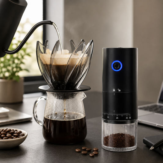 Kit de café negro con molino eléctrico y método Flor de Loto en cocina moderna