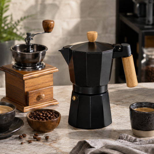 Cafe Moka Italiana Negra 6 Tazas con Mango Madera