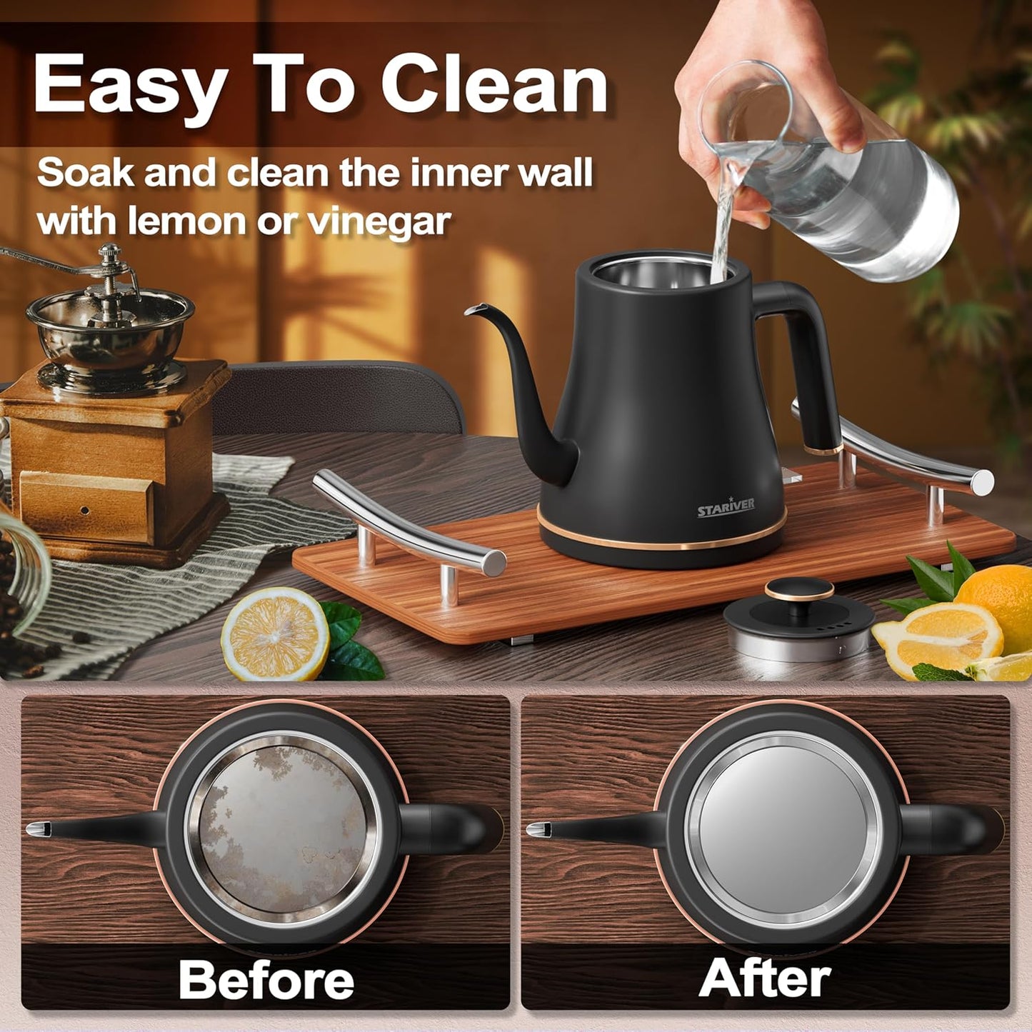 Tetera Negra Calentador Eléctrico Cuello De Cisne Stariver 1200ml