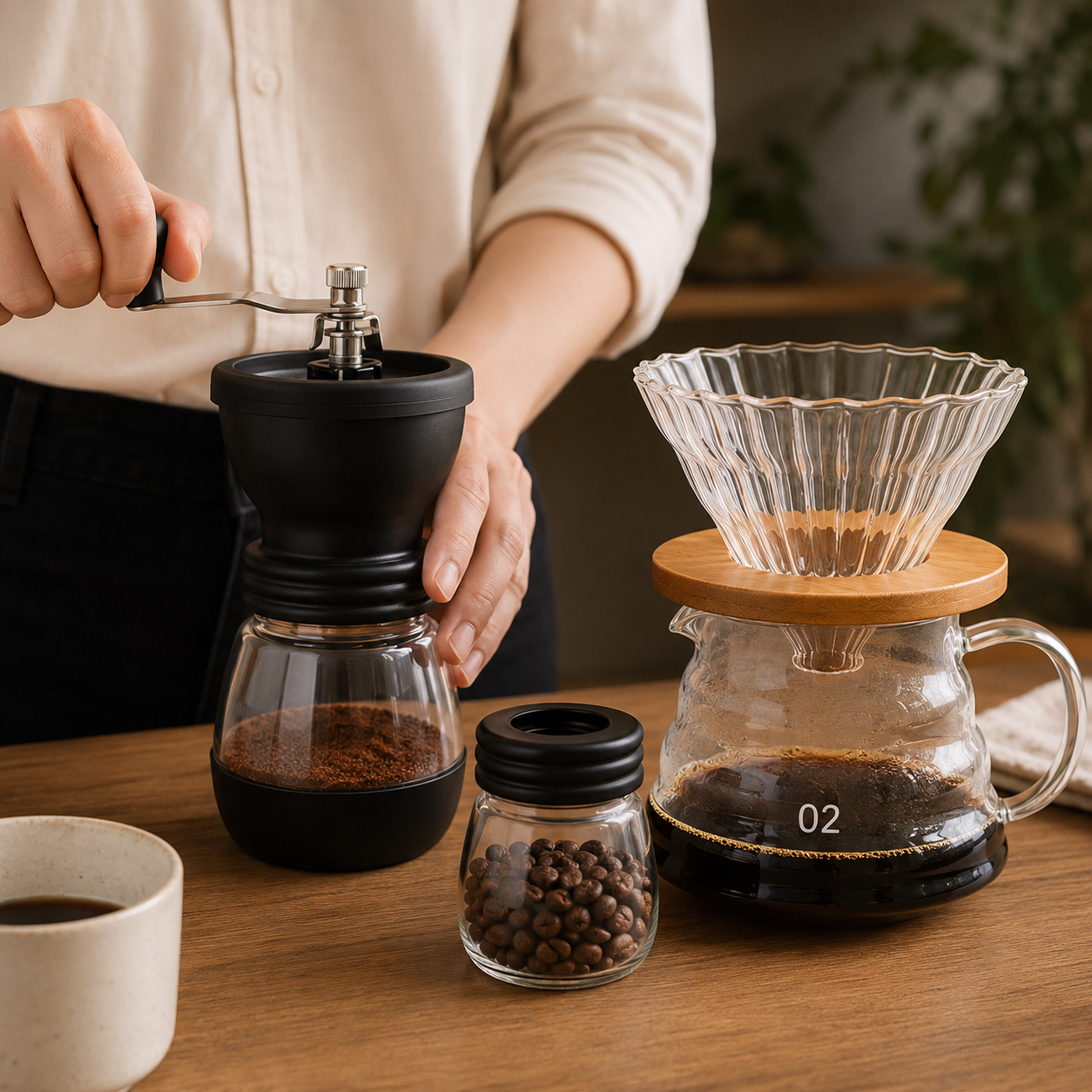 Kit de Cafe Metodo Dripper V60 con Molino Manual de Muelas Conicas Ceramicas Resistentes