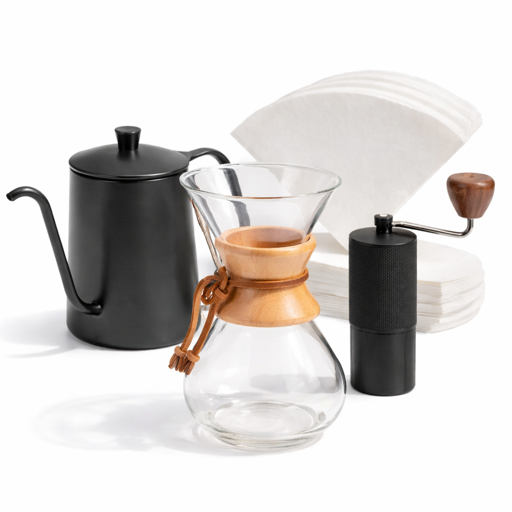 Kit Cafe Profesional| Cafetera Tipo Chemex 400ml| Molino Fresas Conicas Acero Inoxidable| Jarra Cuello Cisne 600ml| Filtros Papel x100