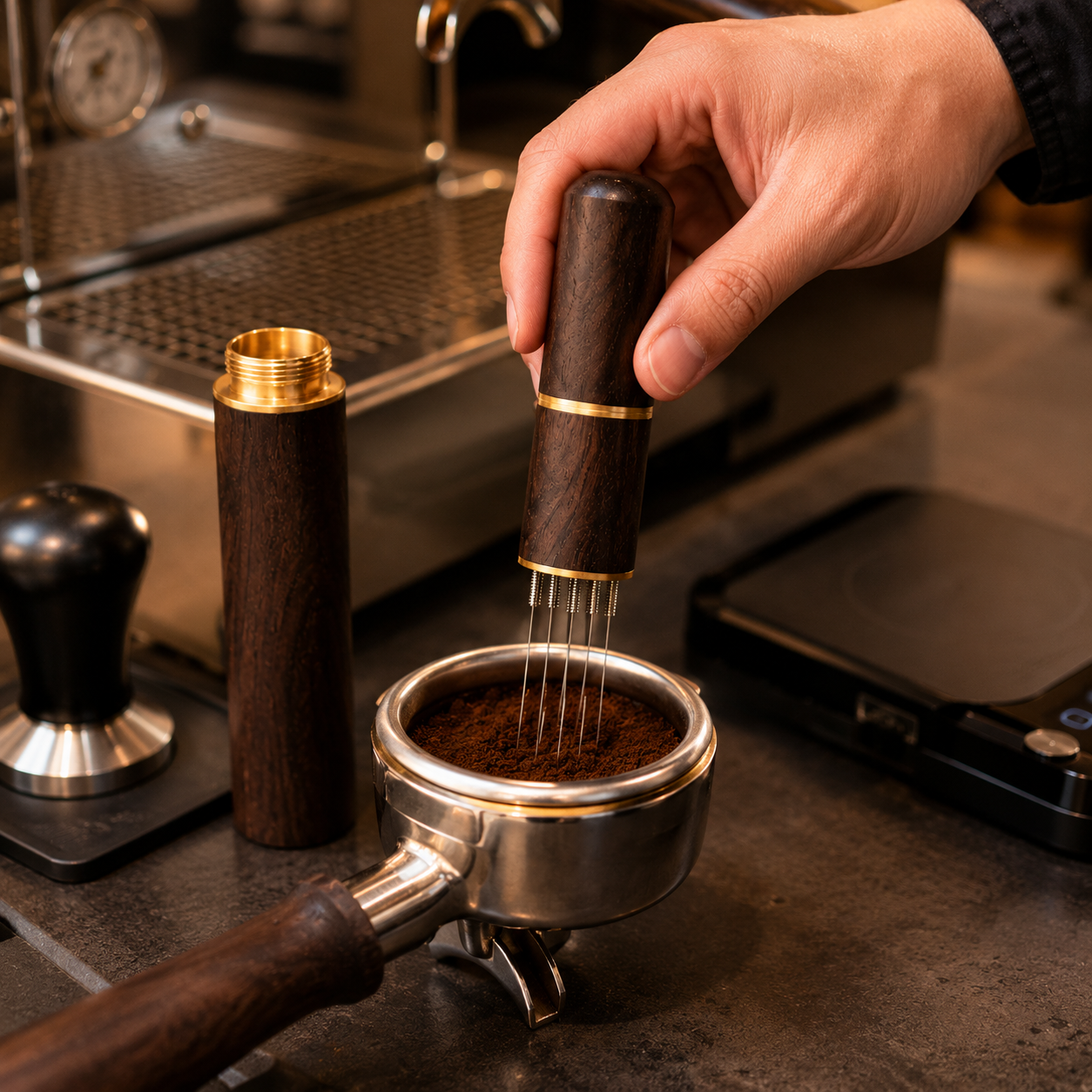 Distribuidor WDT de Madera con 6 Agujas para Cafe Maquina Espresso