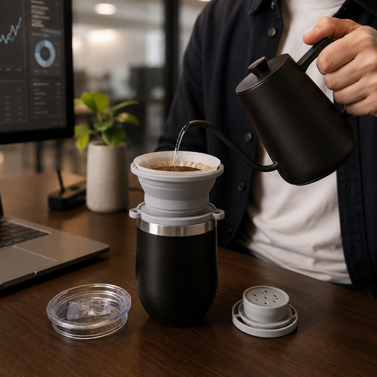Kit Cafetero Dripper Tipo Kalita Viajero Plegable con Termo Elegante y Cafe Especial Tueste Medio