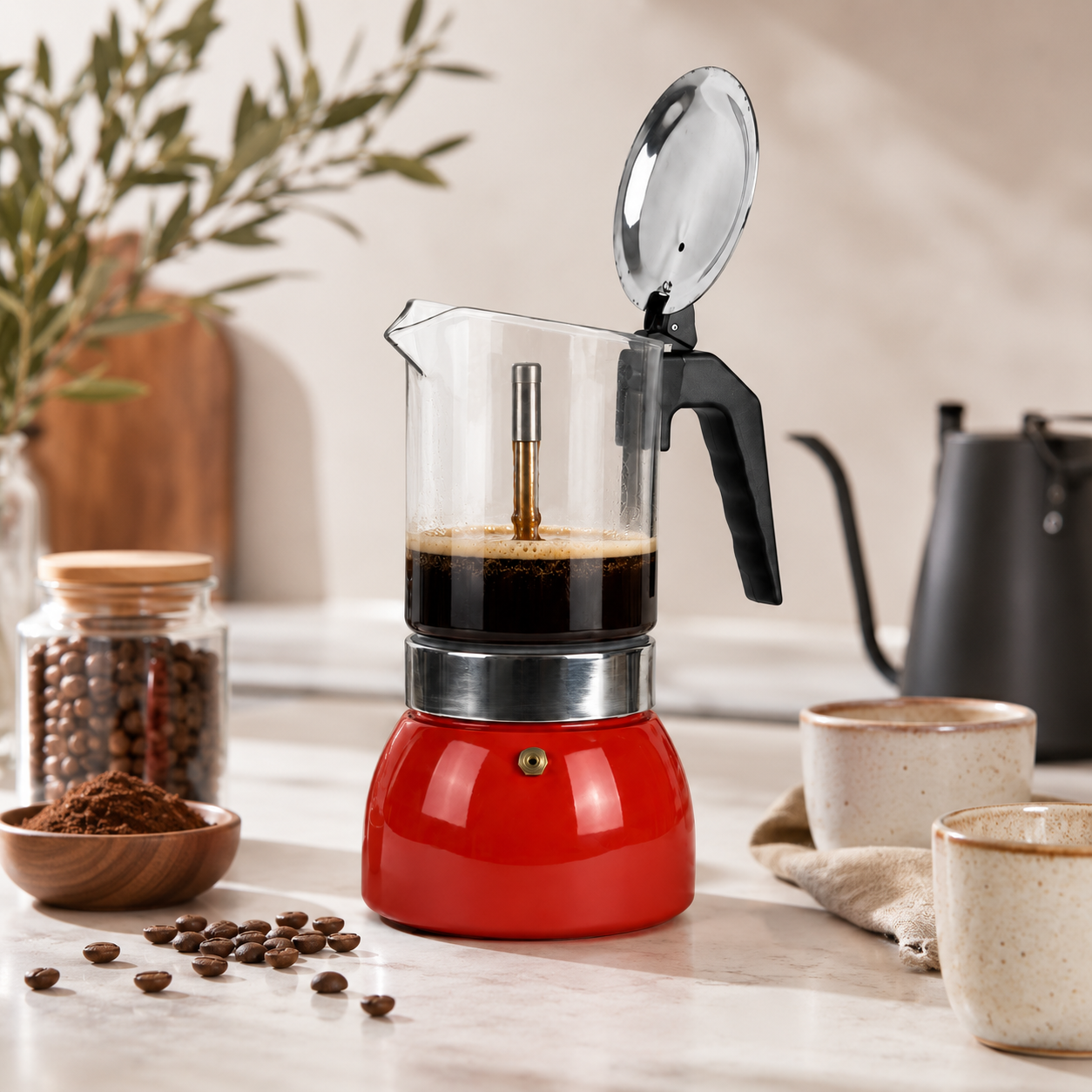 Cafetera Moka Italiana Roja de 9 Tazas con Jarra Transparente