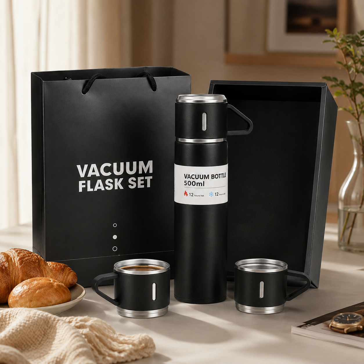 Termo Termico Hermetico 500ml con 2 Tazas para Cafe y Bebidas
