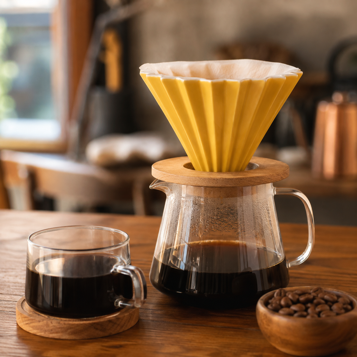 Cafetera Dripper Metodo Origami de Ceramica Tamaño 01 Amarillo con Base de Madera