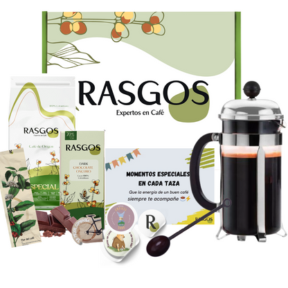 Kit Hogar Personalizado de Café | Prensa Francesa Plata 350ml + Café Insignia 250g + Chocolatina + Cuchara + Mensaje Personalizado