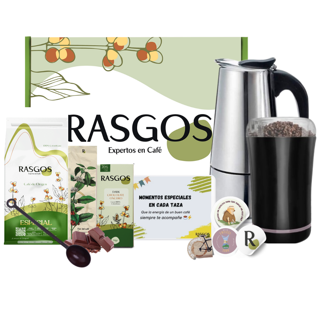 Super Kit Italiano Moderno | Cafetera Moka Italina Acero 150ml + Molino Electrico + Café Insignia 250g + Cuchara + Chocolatina + Mensaje Personalizado