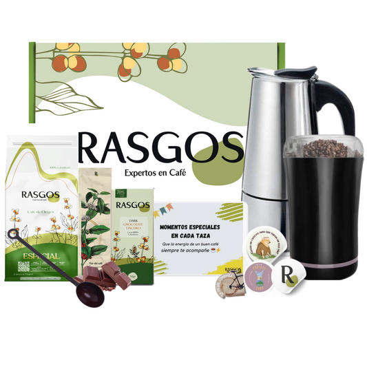 Super Kit Italiano Moderno | Cafetera Moka Italina Acero 150ml + Molino Electrico + Café Insignia 250g + Cuchara + Chocolatina + Mensaje Personalizado