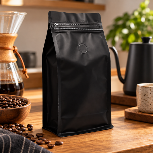 Bolsa Negra Rectangular para Cafe 250 g con Válvula y Zipper x 50 Unidades