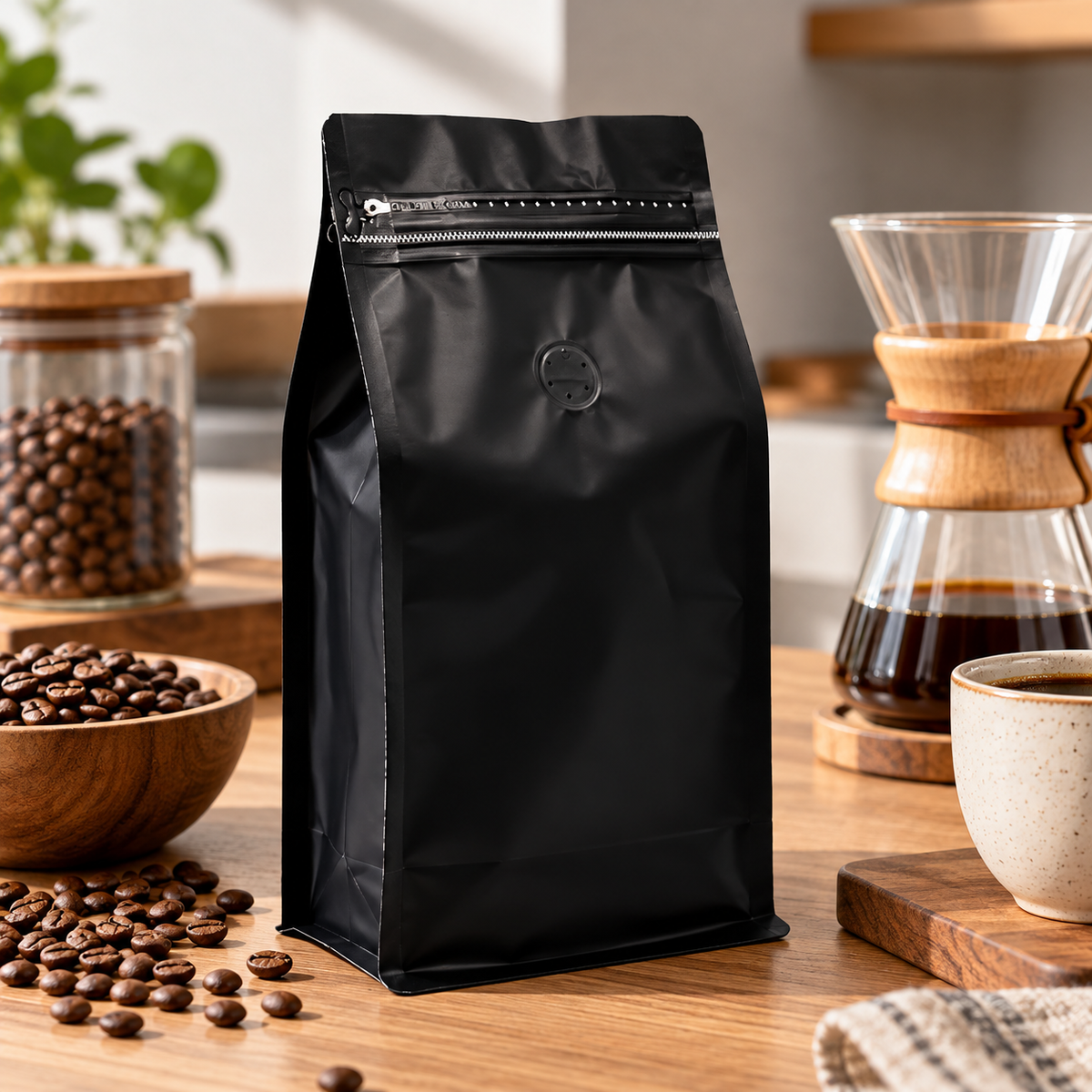 Bolsa Negra Rectangular para Cafe 250 g con Válvula y Zipper x 50 Unidades