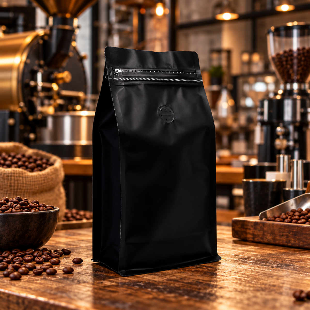 Bolsa Negra Rectangular para Cafe 250 g con Válvula y Zipper x 50 Unidades