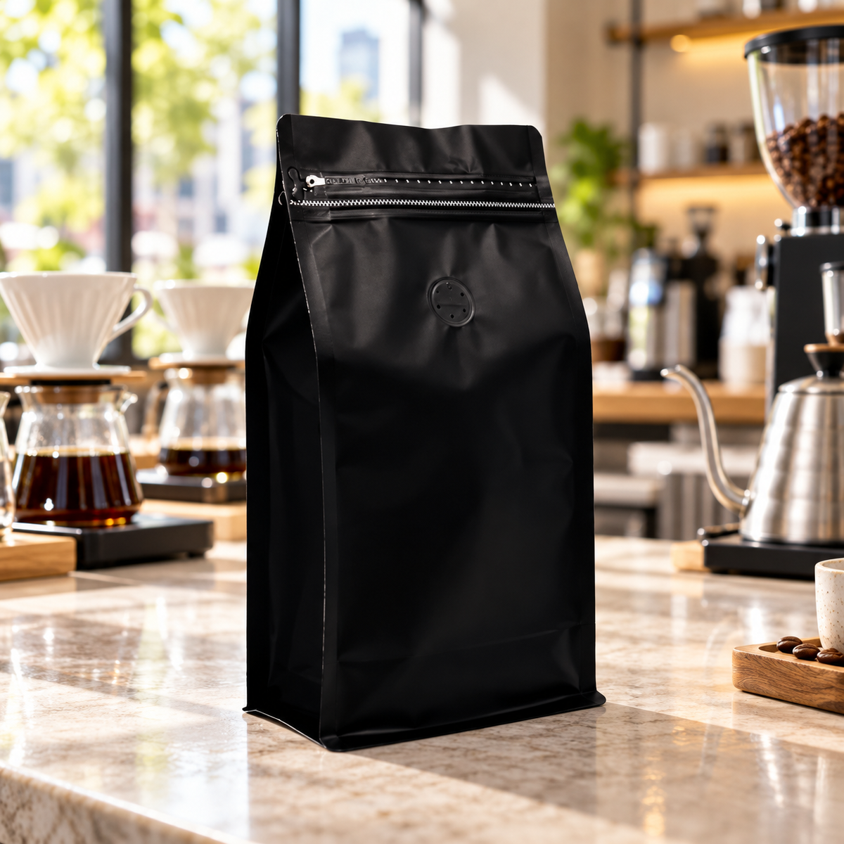 Bolsa Negra Rectangular para Cafe 250 g con Válvula y Zipper x 50 Unidades
