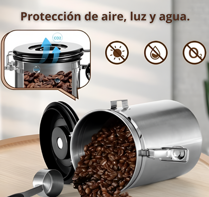 Recipiente para Almacenar Café Color Plata Hermetico y Sin entrada de Luz 900g