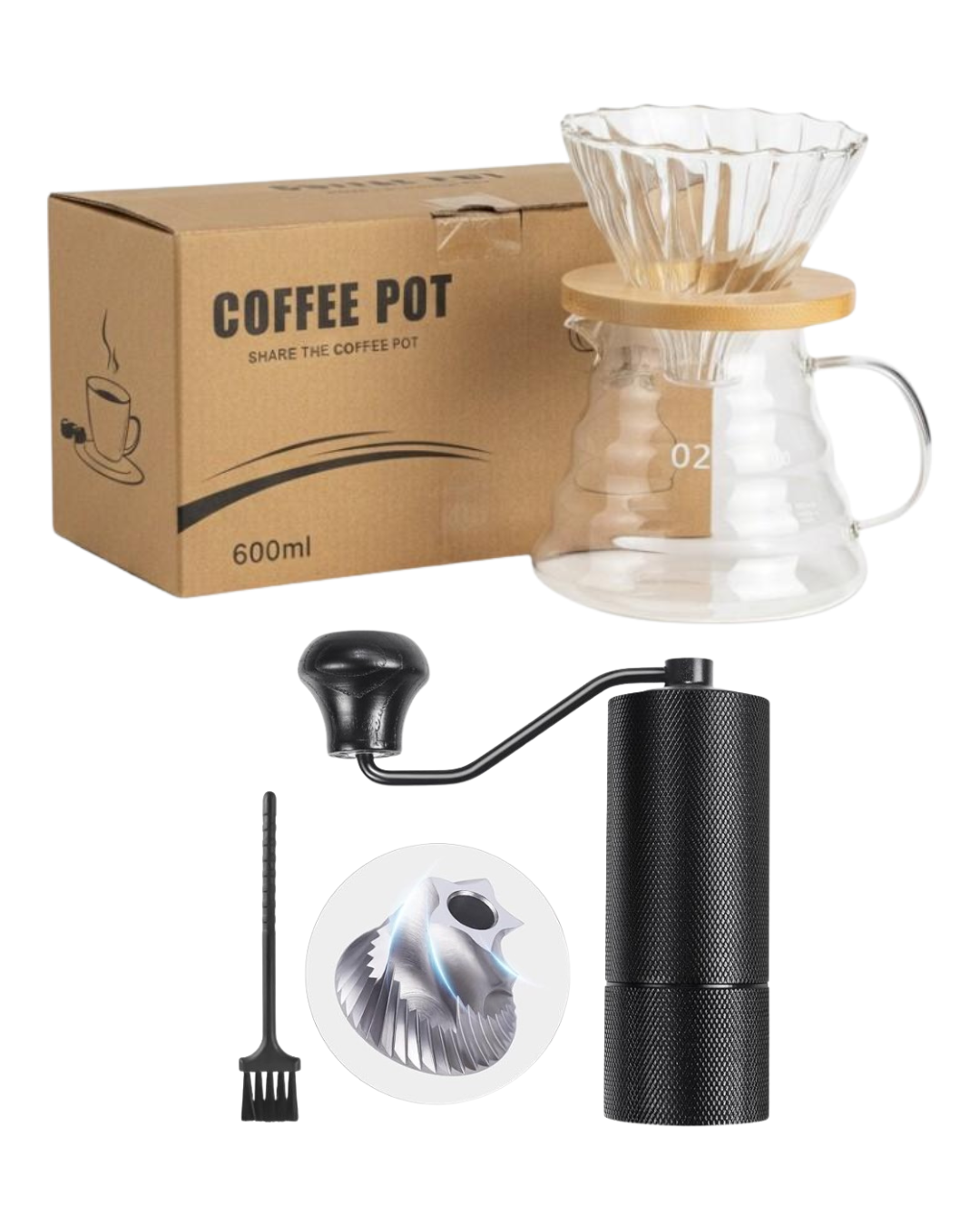 Kit Cafetera V60 + Server + Molino Profesional Ajustable Acero Inoxidable
