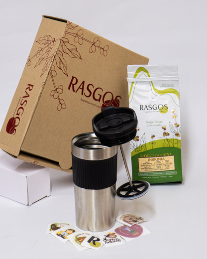 Kit Prensa Viajera 350ml | Cafe Especial Insignia 250gr + Chocolatina de Cacao y Café