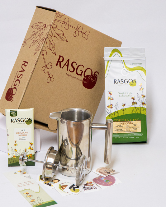 Kit Prensa en Acero Inoxidable 350ml +Cafe Especial Insignia 250gr + Chocolatina de Cacao