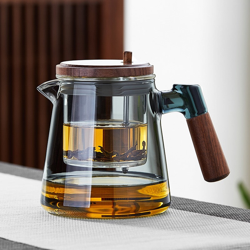 Tetera Vidrio con Filtro Prensa y Mango de Madera 750ml
