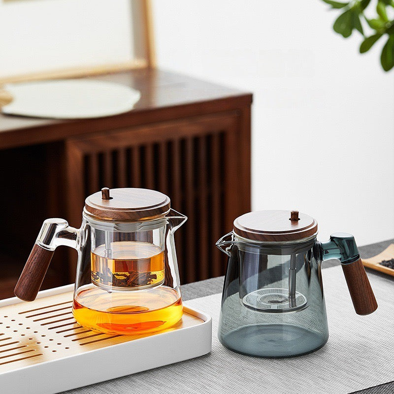 Tetera Vidrio con Filtro Prensa y Mango de Madera 750ml
