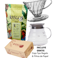 Dripper V60 Plástico Libre de BPA. Server de Vidrio Térmico. Filtros de Papel. Café Especial Colombiano. Guía Paso a Paso. Presentación de Regalo.