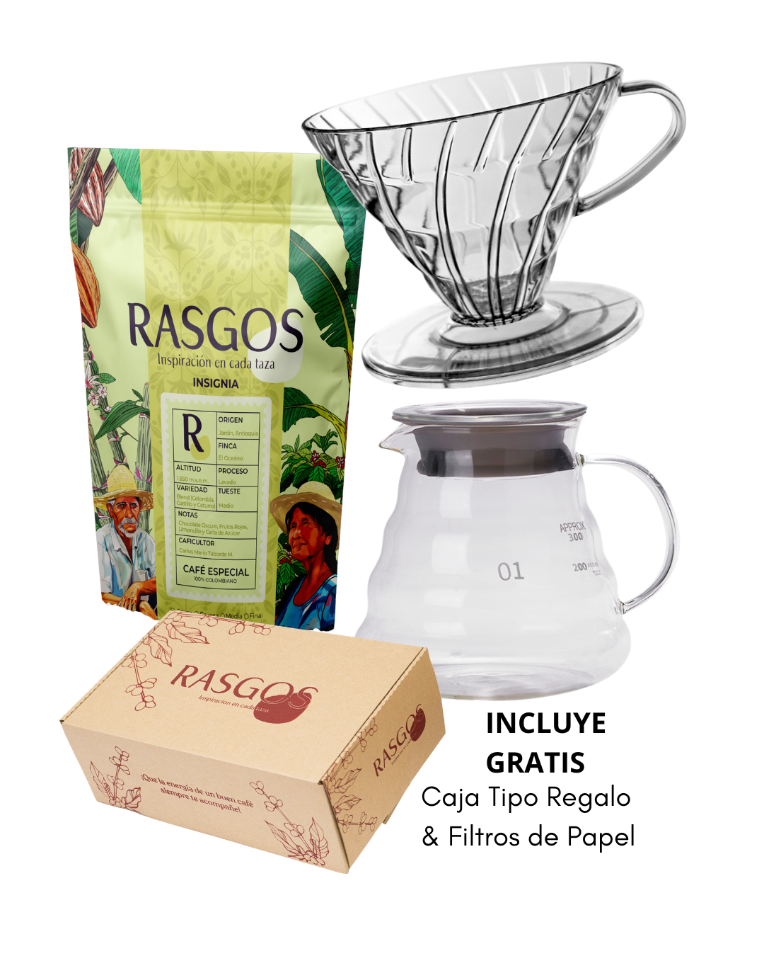 Dripper V60 Plástico Libre de BPA. Server de Vidrio Térmico. Filtros de Papel. Café Especial Colombiano. Guía Paso a Paso. Presentación de Regalo.