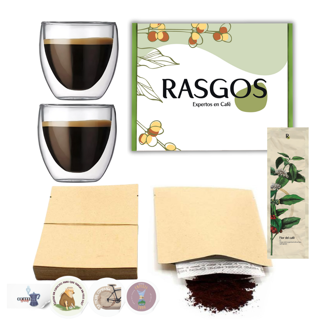 Kit para compartir Café al Instante | 12 sachets Coffe Dripps + 2 Vasos Doble Fondo 240ml + Stickers + Separador de Libros + Mensaje Personalizado