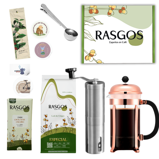 Kit Prensa Oro Rosa | Prensa Oro Rosa 350ml + Molino Acero Inoxidable 50gr + Café Insignia 250gr + Cuchara Medidora + Chocolatina de Cacao