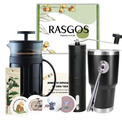 Kit Cafetero Ideal para Viajar | Prensa Francesa 600 ml + Termo/Vaso 900 ml + Molino Negro + Mensaje Personalizable + Stickers + Separador de Libros.