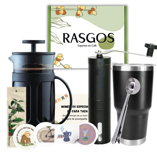 Kit Cafetero Ideal para Viajar | Prensa Francesa 600 ml + Termo/Vaso 900 ml + Molino Negro + Mensaje Personalizable + Stickers + Separador de Libros.