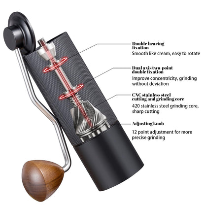 Diseño elegante y funcional. Cuerpo de aluminio anodizado y manivela ergonómica con mango de madera sólida.