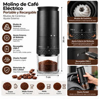 Molino de Café Eléctrico Portable y Recargable con Muelas de Cerámica Ajuste Externo Negro