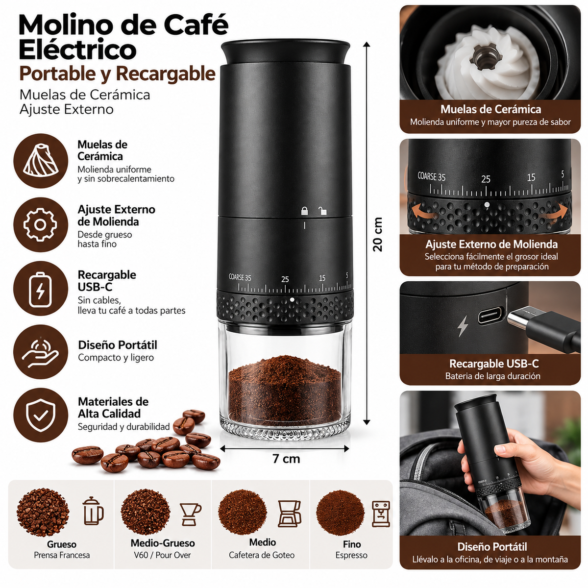 Molino de Café Eléctrico Portable y Recargable con Muelas de Cerámica Ajuste Externo Negro