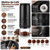 Molino de Café Eléctrico Portable y Recargable con Muelas de Cerámica Ajuste Externo Negro