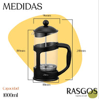 Cafetera Prensa Francesa Negra RASGOS Disponible en 350ml-600ml-800ml-1000ml